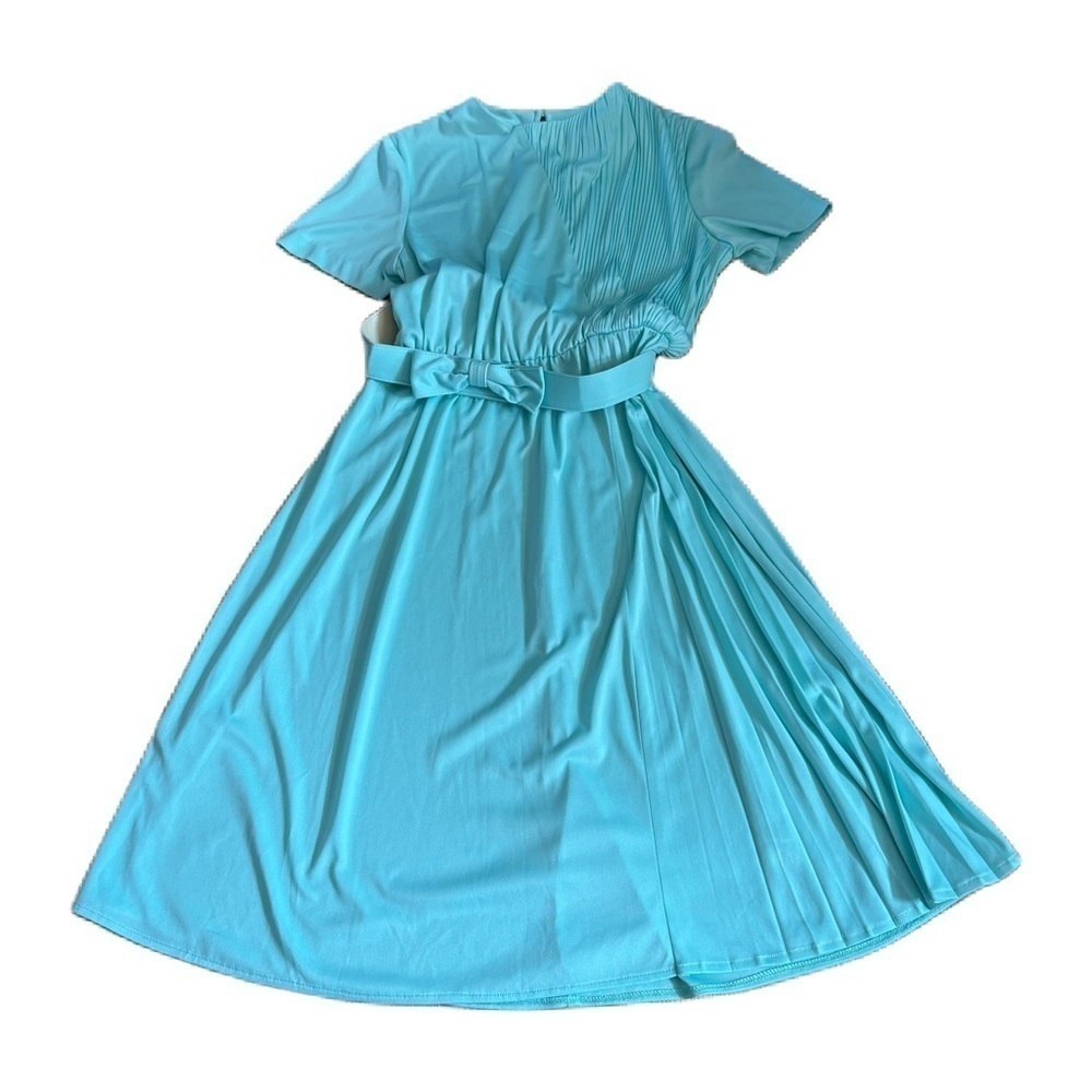 Vintage Blair Sky Mint Blue Bow Belted A-Line Dress Sz 8P Petite Crinkle